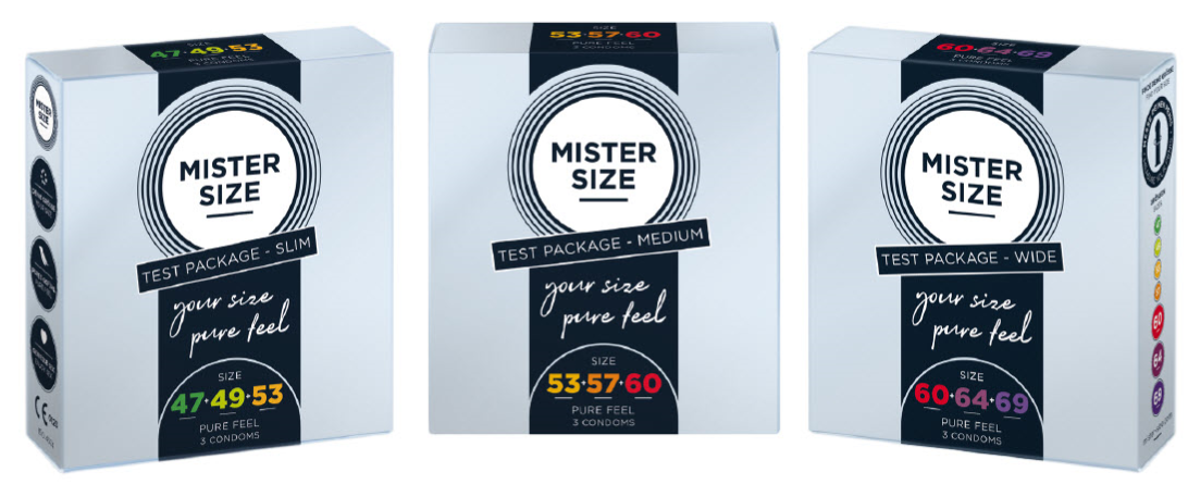 Tri različita testna pakiranja kondoma Mister Size